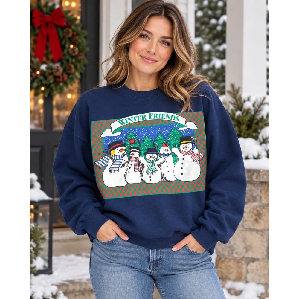 Sun Sportswear Sweatshirt Navy Blue Winter Friends Snowman Graphic Vintage XL